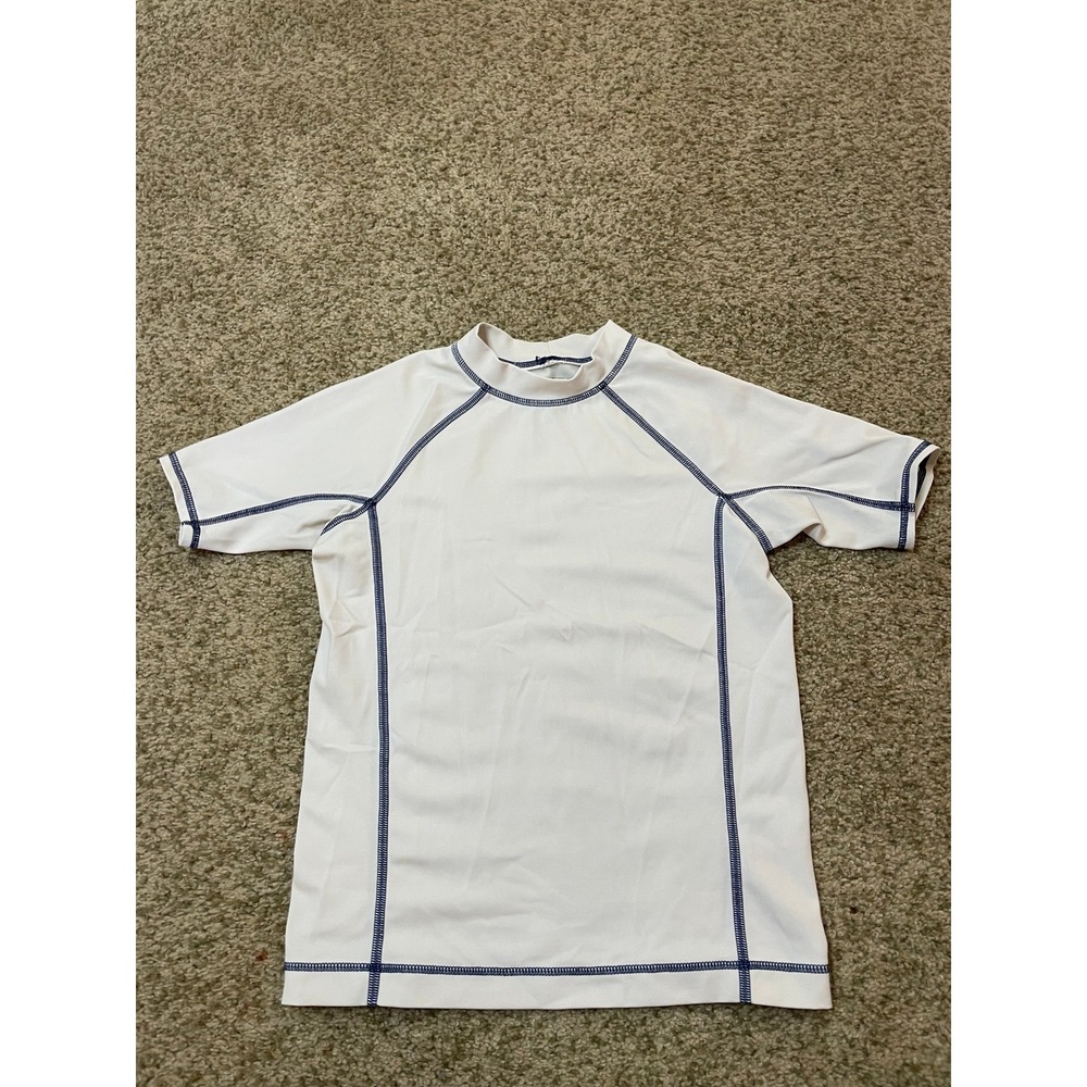Lands End Kids White Rash Guard Short Sleeve Swim Shirt Navy Stitching Size 7 L